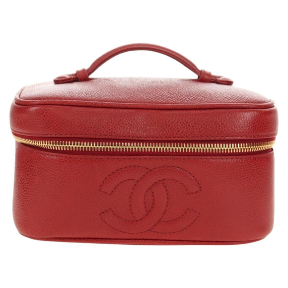 CHANEL COCO Mark Vanity Hand Bag Caviar Skin Red Gold CC Auth 182576V