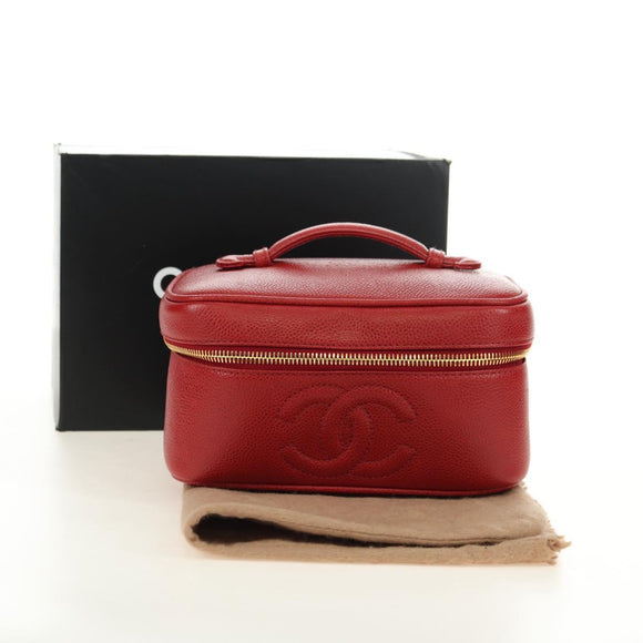 CHANEL COCO Mark Vanity Hand Bag Caviar Skin Red Gold CC Auth 182576V