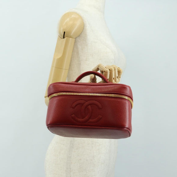 CHANEL COCO Mark Vanity Hand Bag Caviar Skin Red Gold CC Auth 182576V