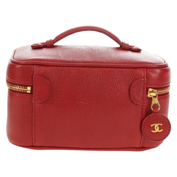 CHANEL COCO Mark Vanity Hand Bag Caviar Skin Red Gold CC Auth 182576V