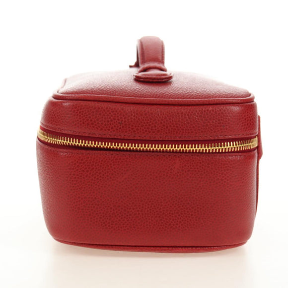 CHANEL COCO Mark Vanity Hand Bag Caviar Skin Red Gold CC Auth 182576V