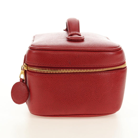CHANEL COCO Mark Vanity Hand Bag Caviar Skin Red Gold CC Auth 182576V