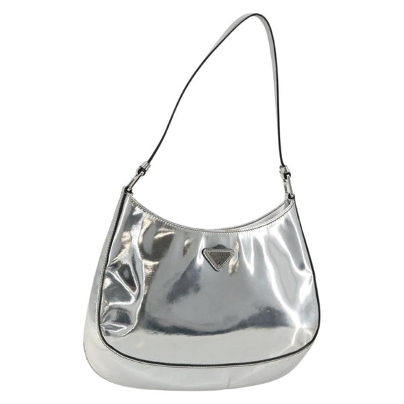 PRADA Creo Shoulder Bag Patent Leather Silver Auth 182584A