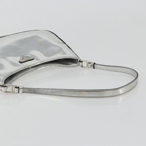 PRADA Creo Shoulder Bag Patent Leather Silver Auth 182584A