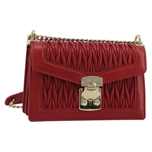 Miu Miu Matelasse Chain Shoulder Bag Leather Red Gold Auth 182586V