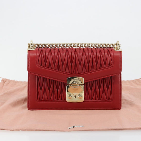 Miu Miu Matelasse Chain Shoulder Bag Leather Red Gold Auth 182586V