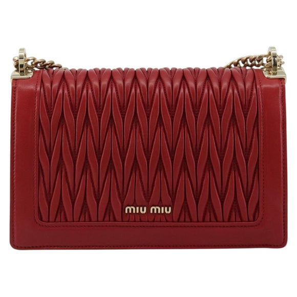 Miu Miu Matelasse Chain Shoulder Bag Leather Red Gold Auth 182586V