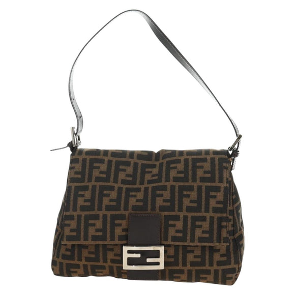 FENDI Zucca Canvas Mamma Baguette Shoulder Bag Black Brown Auth 182589V