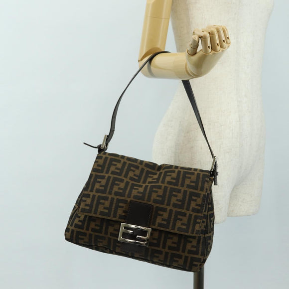 FENDI Zucca Canvas Mamma Baguette Shoulder Bag Black Brown Auth 182589V