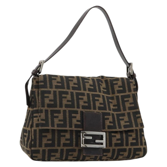FENDI Zucca Canvas Mamma Baguette Schoudertas Zwart Bruin Auth 182590M