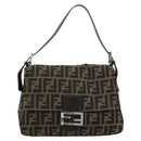FENDI Zucca Canvas Mamma Baguette Schoudertas Zwart Bruin Auth 182590M-2