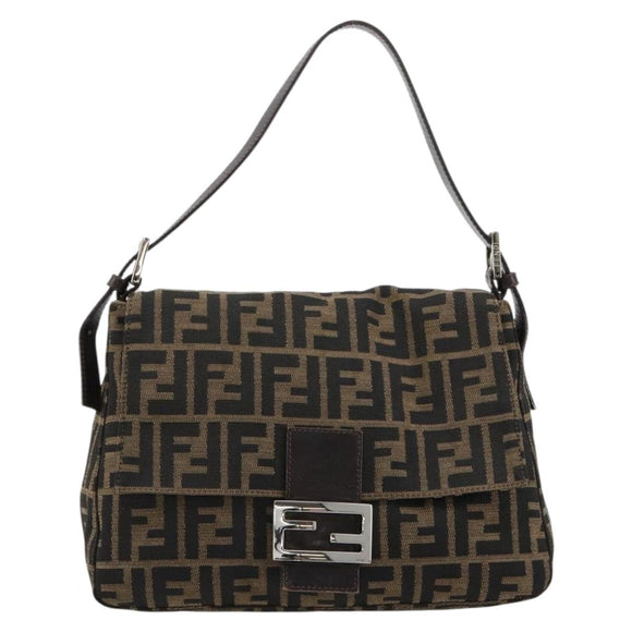FENDI Zucca Canvas Mamma Baguette Schoudertas Zwart Bruin Auth 182590M