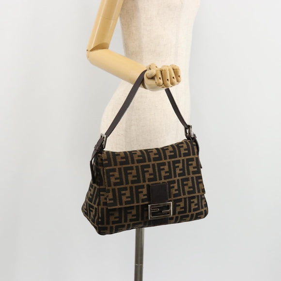 FENDI Zucca Canvas Mamma Baguette Schoudertas Zwart Bruin Auth 182590M