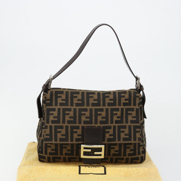FENDI Zucca Canvas Mamma Baguette Schoudertas Zwart Bruin Auth 182590M