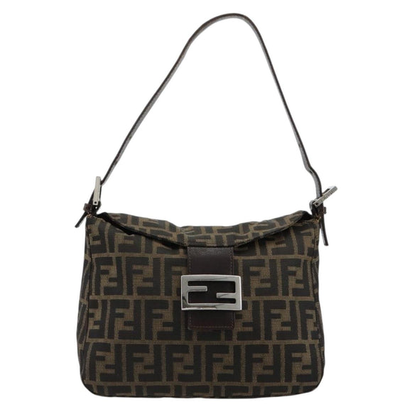 FENDI Zucca Canvas Mamma Baguette Shoulder Bag Black Brown Auth 182591A