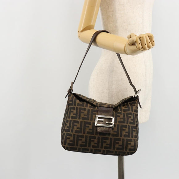 FENDI Zucca Canvas Mamma Baguette Shoulder Bag Black Brown Auth 182591A