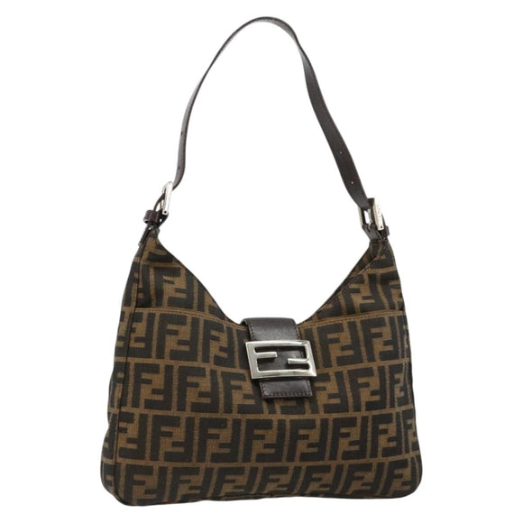 FENDI Zucca Canvas Mamma Baguette Schoudertas Zwart Bruin Auth 182592M