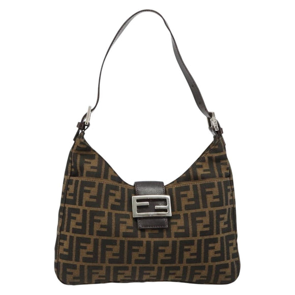 FENDI Zucca Canvas Mamma Baguette Schoudertas Zwart Bruin Auth 182592M