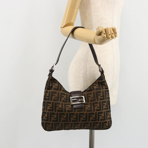 FENDI Zucca Canvas Mamma Baguette Schoudertas Zwart Bruin Auth 182592M
