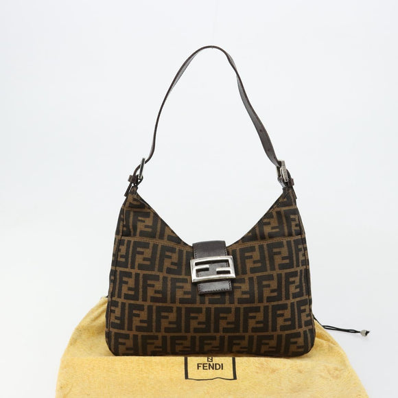 FENDI Zucca Canvas Mamma Baguette Schoudertas Zwart Bruin Auth 182592M