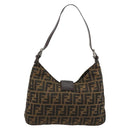 FENDI Zucca Canvas Mamma Baguette Schoudertas Zwart Bruin Auth 182592M-3