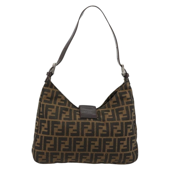 FENDI Zucca Canvas Mamma Baguette Schoudertas Zwart Bruin Auth 182592M
