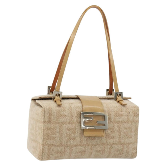 FENDI Zucca Canvas Mamma Baguette Hand Bag Wool Beige Silver Auth 182593V