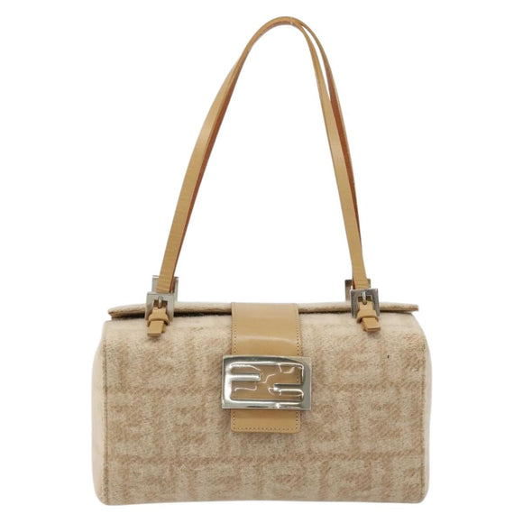 FENDI Zucca Canvas Mamma Baguette Hand Bag Wool Beige Silver Auth 182593V