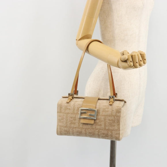 FENDI Zucca Canvas Mamma Baguette Hand Bag Wool Beige Silver Auth 182593V