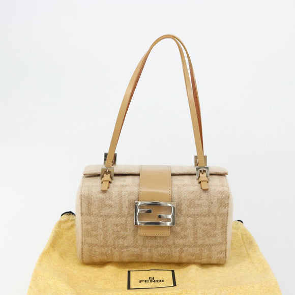 FENDI Zucca Canvas Mamma Baguette Hand Bag Wool Beige Silver Auth 182593V
