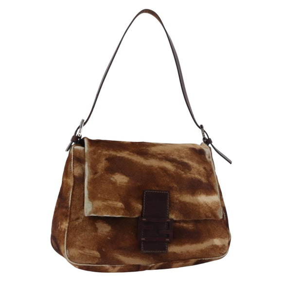 FENDI Mamma Baguette Schoudertas Harako leer Beige Zilver Auth 182607A