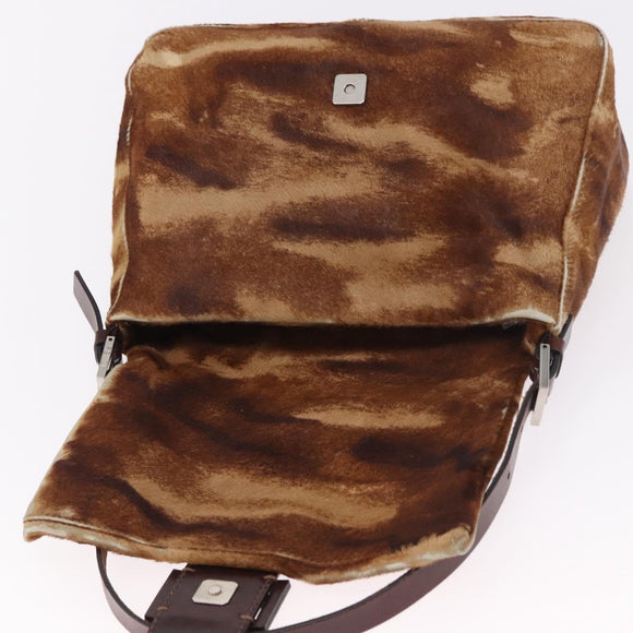FENDI Mamma Baguette Schoudertas Harako leer Beige Zilver Auth 182607A