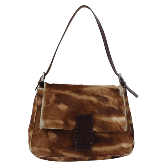 FENDI Mamma Baguette Schoudertas Harako leer Beige Zilver Auth 182607A