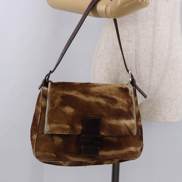 FENDI Mamma Baguette Schoudertas Harako leer Beige Zilver Auth 182607A