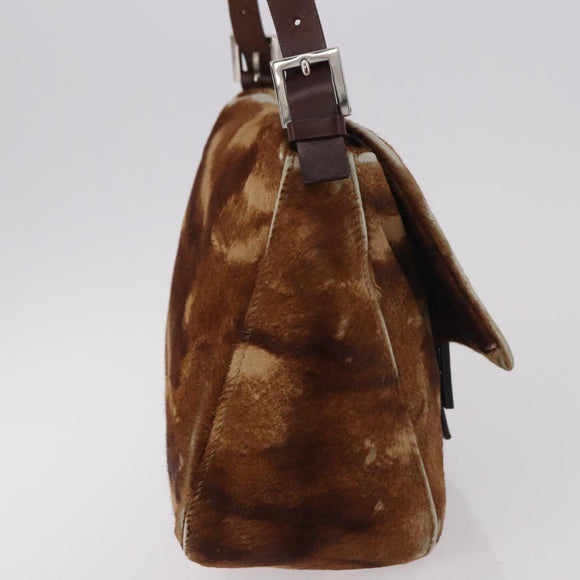 FENDI Mamma Baguette Schoudertas Harako leer Beige Zilver Auth 182607A