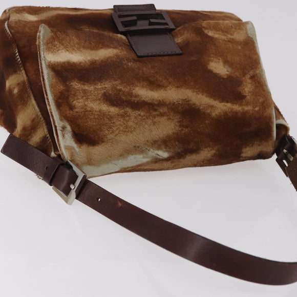 FENDI Mamma Baguette Schoudertas Harako leer Beige Zilver Auth 182607A
