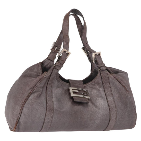 FENDI Mamma Baguette Handtas Leer Bruin Zilver Auth 182613A