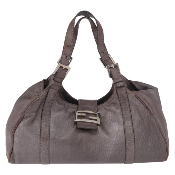 FENDI Mamma Baguette Handtas Leer Bruin Zilver Auth 182613A