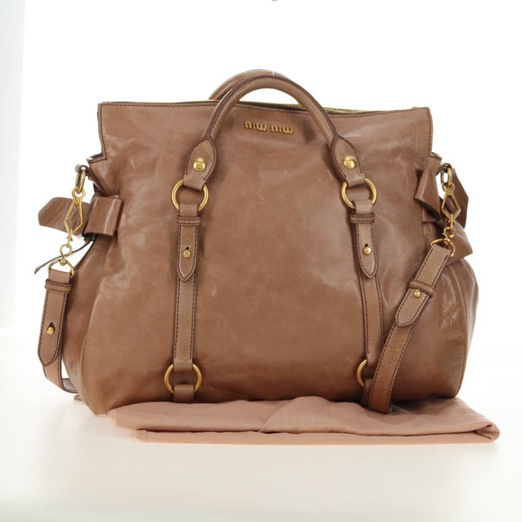 Miu Miu Hand Bag Leather 2way Beige Gold Auth 182623SAM