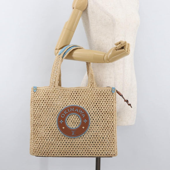 LOUIS VUITTON On the Go MM Tote Bag Raffia Okinawa Only Beige LV Auth 182627SAM