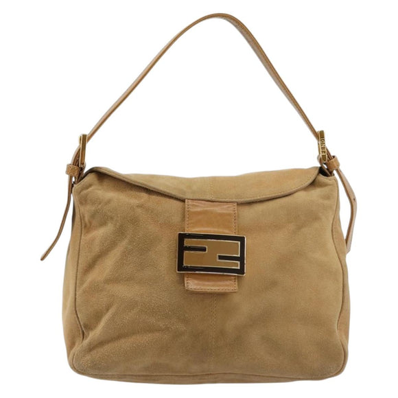 FENDI Mamma Baguette Shoulder Bag Suede Beige Gold Auth 182637SAM