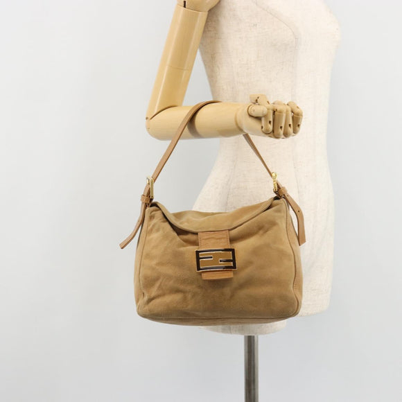 FENDI Mamma Baguette Shoulder Bag Suede Beige Gold Auth 182637SAM