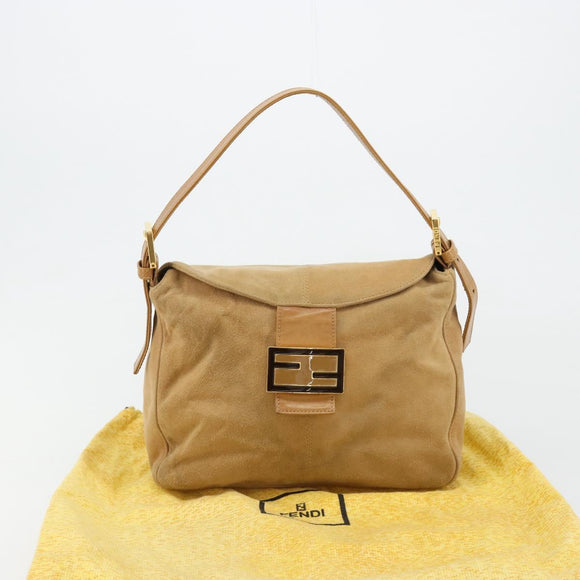 FENDI Mamma Baguette Shoulder Bag Suede Beige Gold Auth 182637SAM
