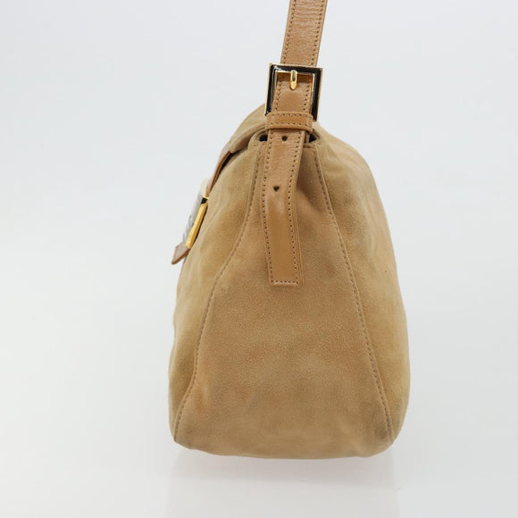 FENDI Mamma Baguette Shoulder Bag Suede Beige Gold Auth 182637SAM