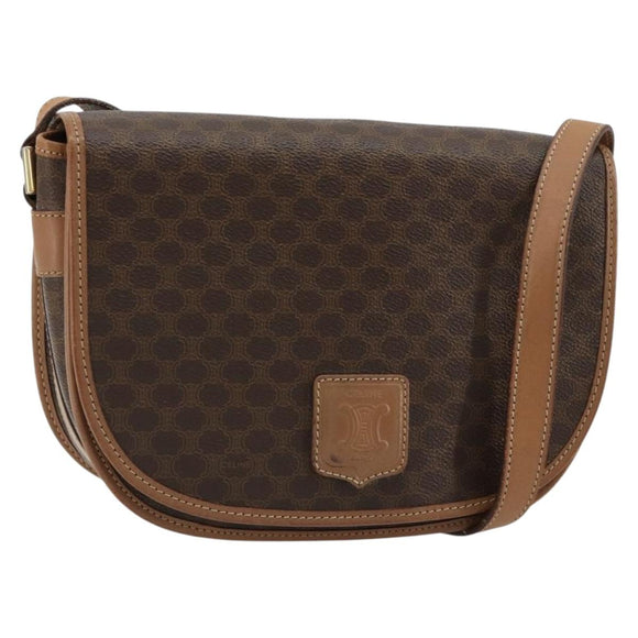 CELINE Macadam Canvas Shoulder Bag PVC Leather Brown Gold Auth 182644A