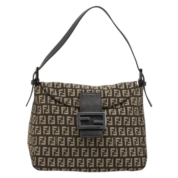 FENDI Zucchino Canvas Mamma Baguette Shoulder Bag Silver Brown Auth 182652SAM