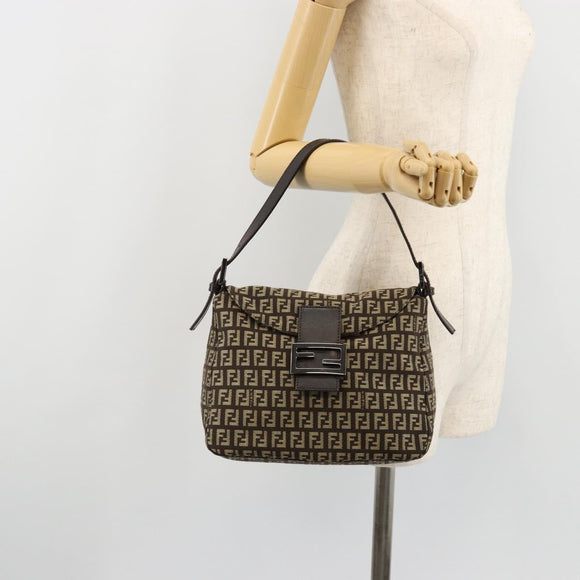 FENDI Zucchino Canvas Mamma Baguette Shoulder Bag Silver Brown Auth 182652SAM