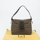 FENDI Zucchino Canvas Mamma Baguette Shoulder Bag Silver Brown Auth 182652SAM-12