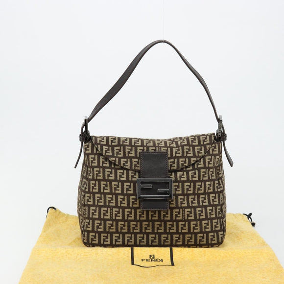FENDI Zucchino Canvas Mamma Baguette Shoulder Bag Silver Brown Auth 182652SAM