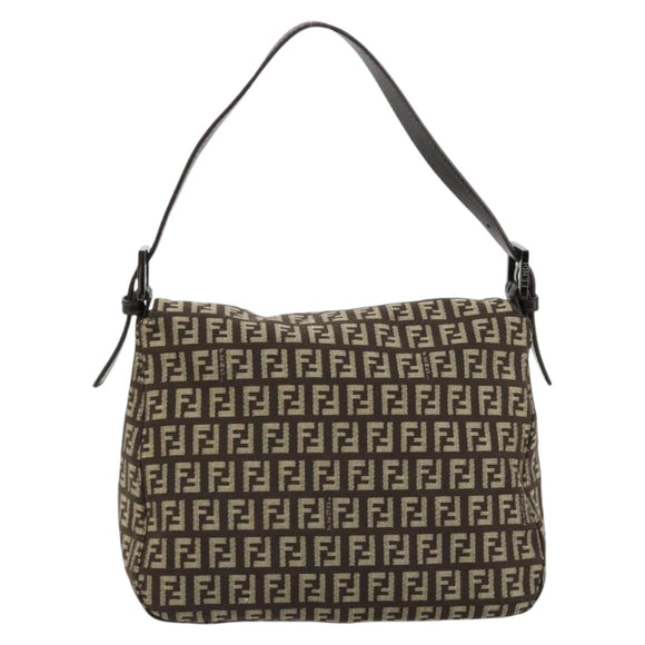 FENDI Zucchino Canvas Mamma Baguette Shoulder Bag Silver Brown Auth 182652SAM